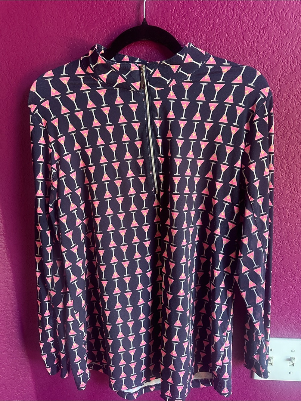 Navy Blue Top with Pink Cocktail Glass Print